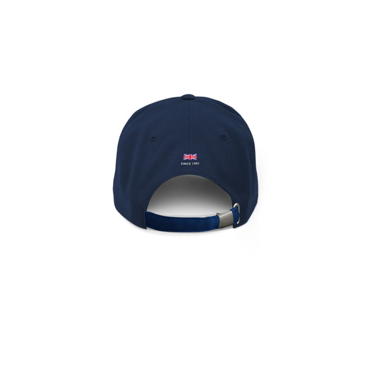 Blue baseball cap with stitched white logo and Union Jack on the back